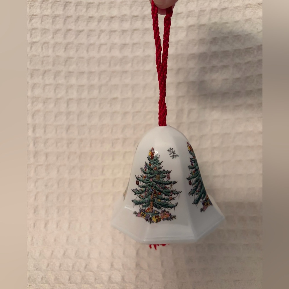 Spode Fine Bone China Merry Christmas Bell Ornament With Christmas Trees England